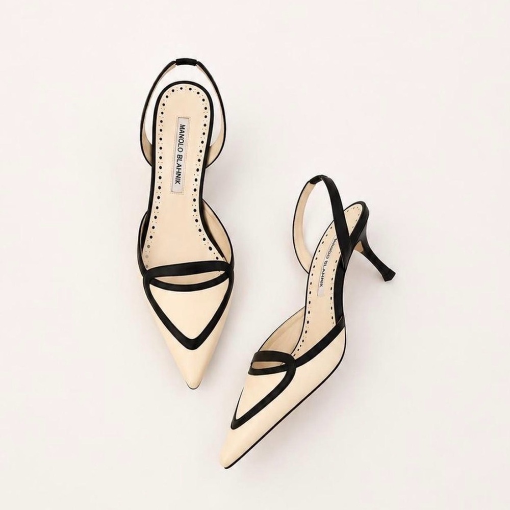 Manolo Blahnik Cream and Black Pointed Slingback Heels